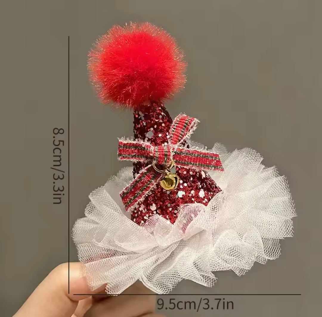 Barrettes de Noël  -  Modèle Chapeau froufrou rouge